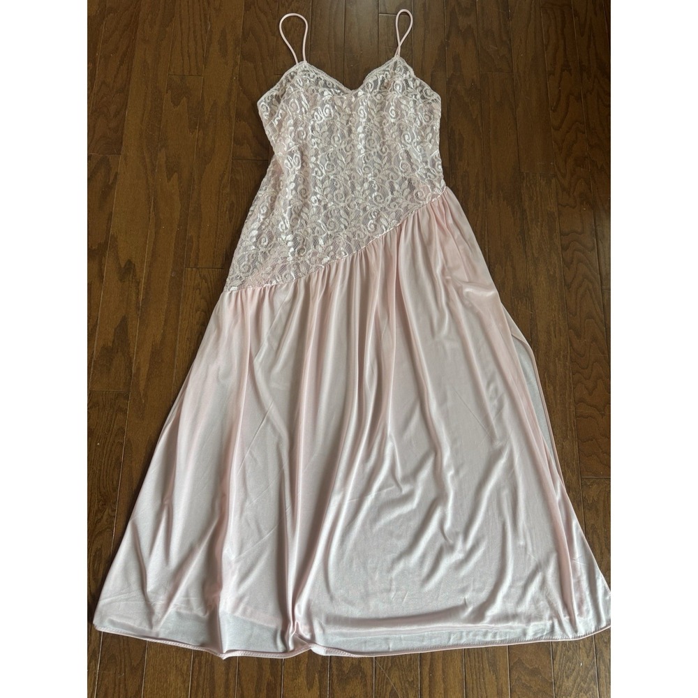 VTG Undercover Wear Nightgown Slip Maxi Dress Womens L Pink Flowy Lace Sheer USA